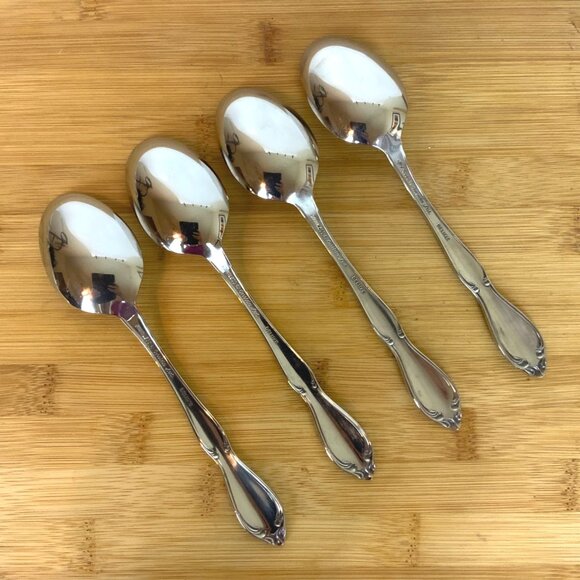 Oneida Strathmore Oval Soup Spoons Set Of 4 Deluxe Stainless Steel 1990s Vintage - Picture 2 of 6